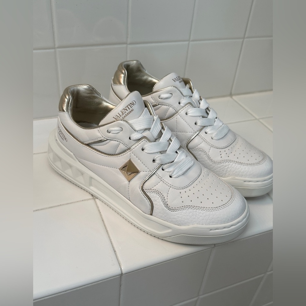 Valentino White Leather Sneakers with Gold Trim.  Authentic - Picture 5 of 14